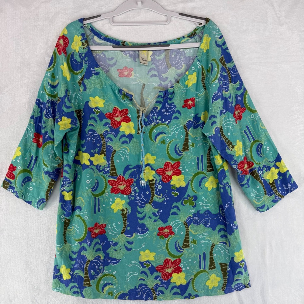 Sun Moda Womens Large Tropical Palm Tree Hibiscus Tunic Top Blue Made in USA